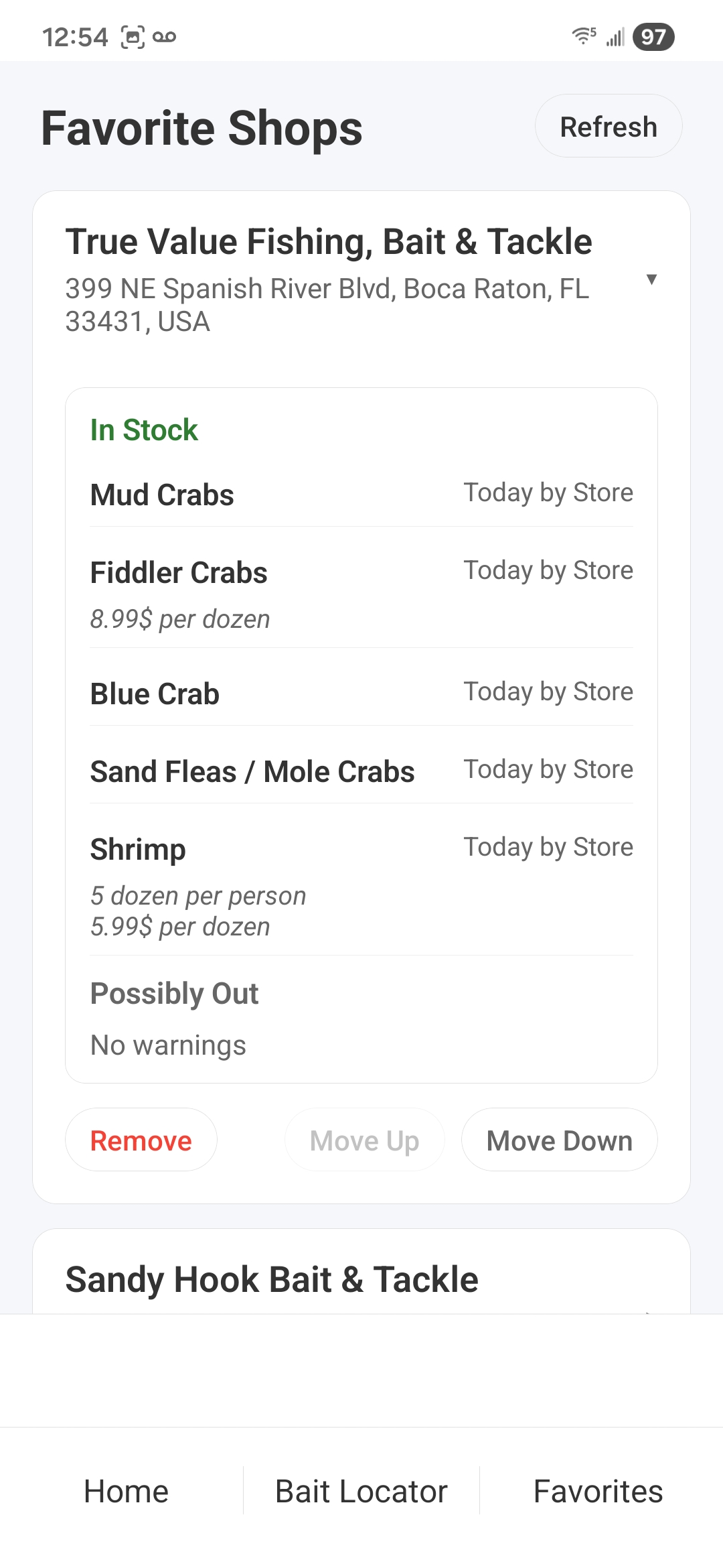 Favorite tab displaying bait stock report
